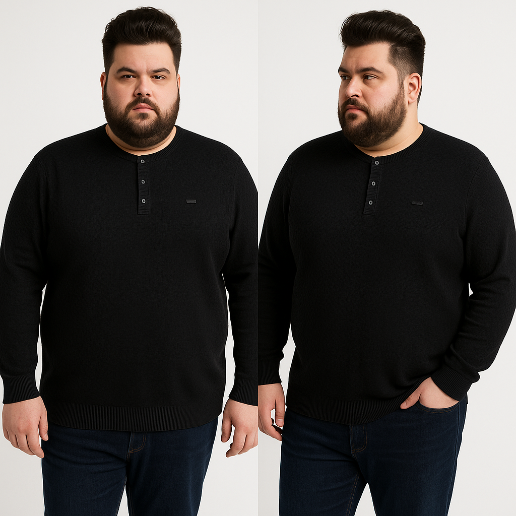 Didelio dydžio juodas vyriškas megztinis su tekstūra ir sagutėmis krūtinės srityje