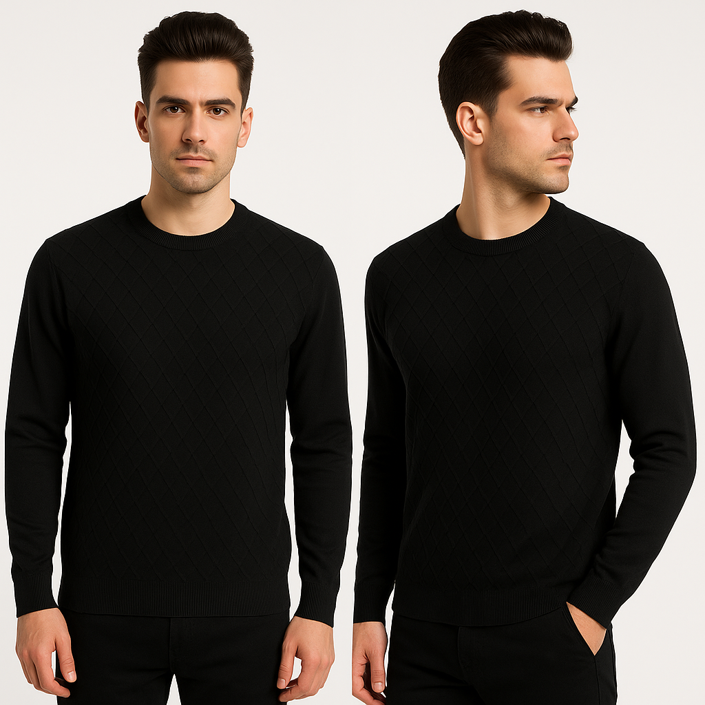 Juodas vyriškas megztinis su deimantiniu raštu, pagamintas iš viskozės ir nailono mišinio

