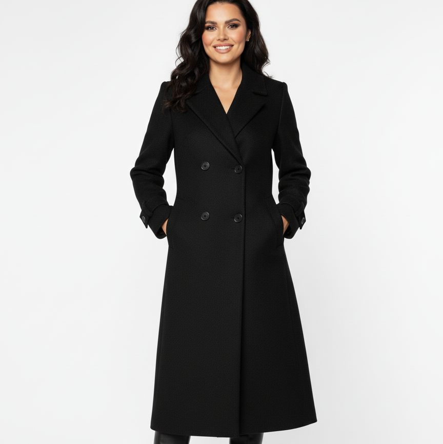 Moteris dėvi ilgą juodą paltą su dvieiliu užsegimu, elegantiškas žiemos modelis