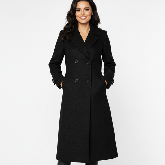 Moteris dėvi ilgą juodą paltą su dvieiliu užsegimu, elegantiškas žiemos modelis