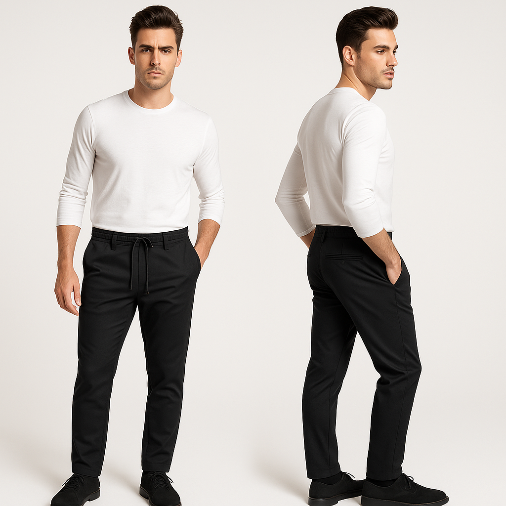 Juodos vyriškos kelnės su guma liemenyje ir raišteliu,