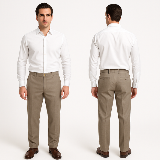 Vyriškas modelis dėvi šviesiai rudas X-FOOT kelnes su subtilia austos tekstūros medžiaga, derinamas su laisvalaikio stiliaus apranga.