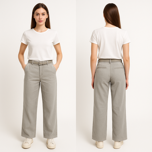 Pilkos tiesaus kirpimo kelnės su diržu ant modelio, modelis 180 ūgio