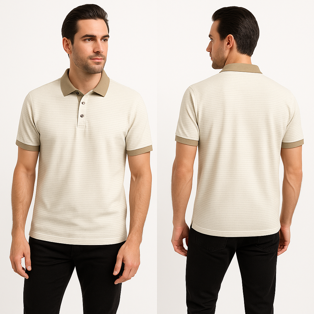 Balti vyriški polo marškinėliai trumpomis rankovėmis su smėlio spalvos apykakle ir rankogaliais.