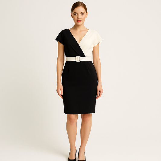 Dvispalvė elegantiška suknelė su giliu V formos iškirpimu ir kontrastingu diržu, modelis 40 dydžio
