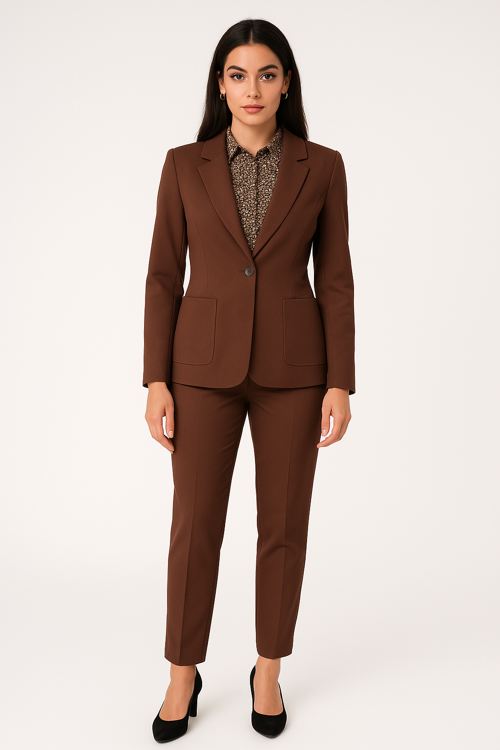Elegantiškas rudas kostiumas su tampriu liemeniu, biuro ir progų derinys, rodo modelis