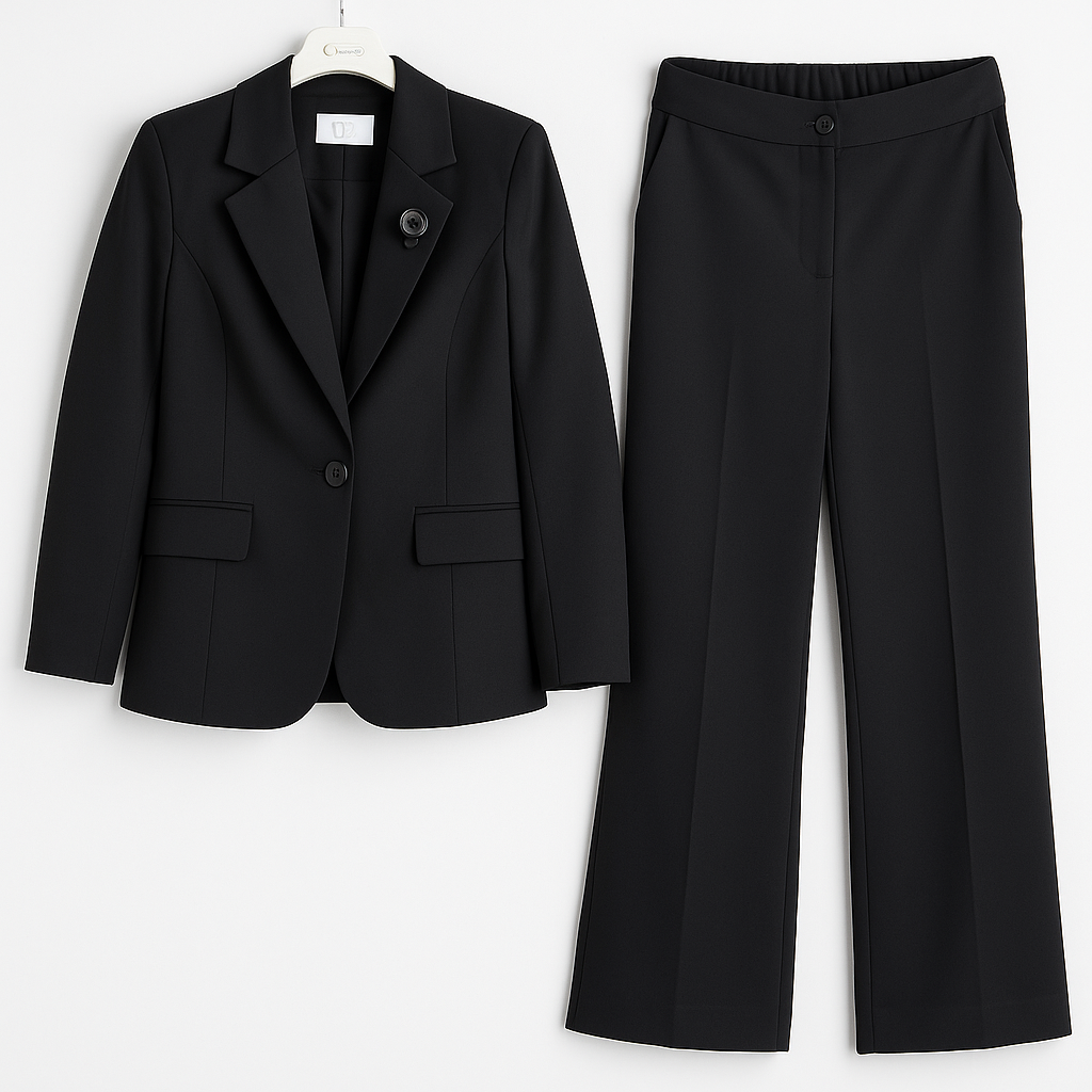 Elegantiškas juodas 2 dalių moteriškas kostiumas, tinkantis biurui ir progoms, demonstruojamas ant pakabos