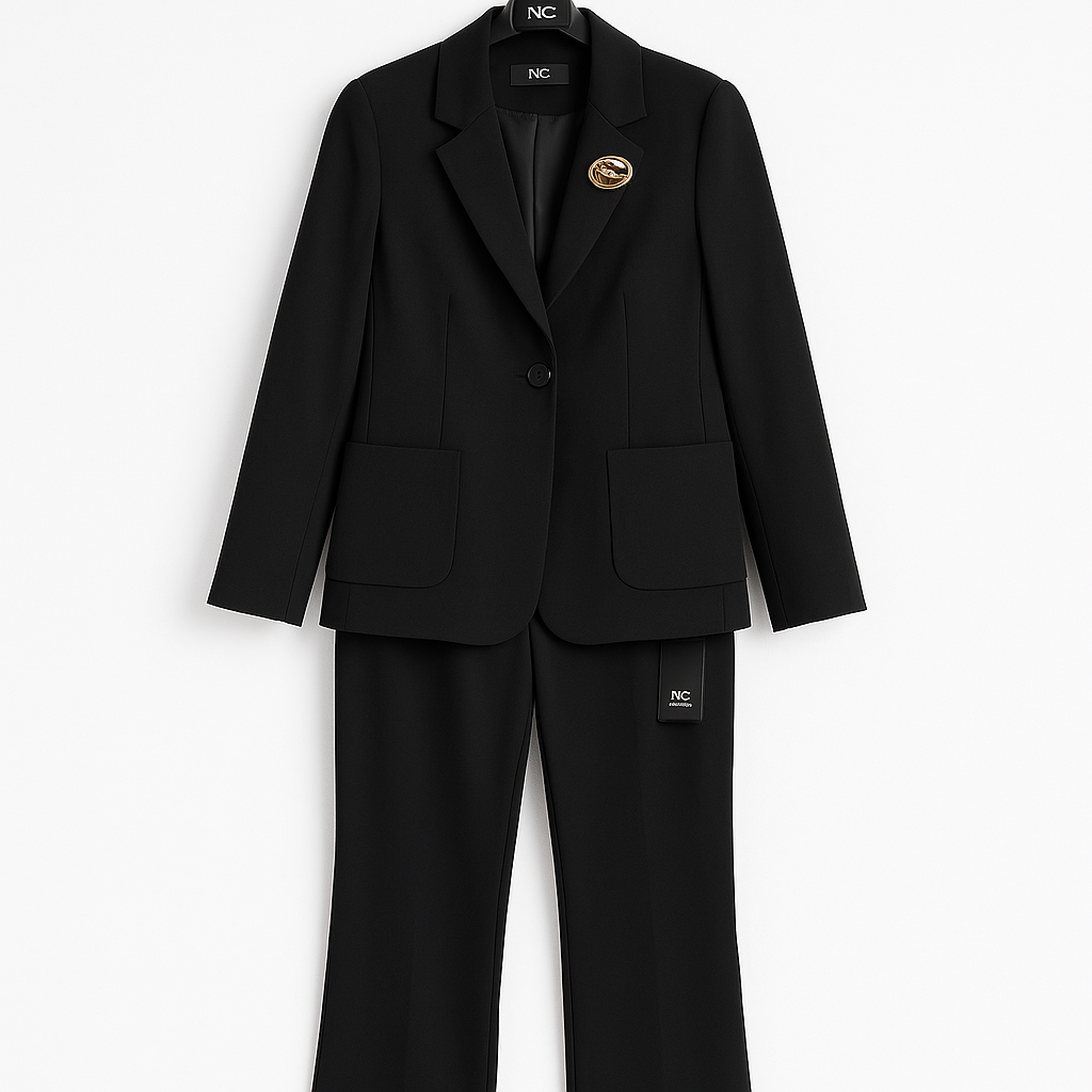 Juodas kostiumėlis ant pakabos, su auksine sage, kuri esant reikalui išsisega