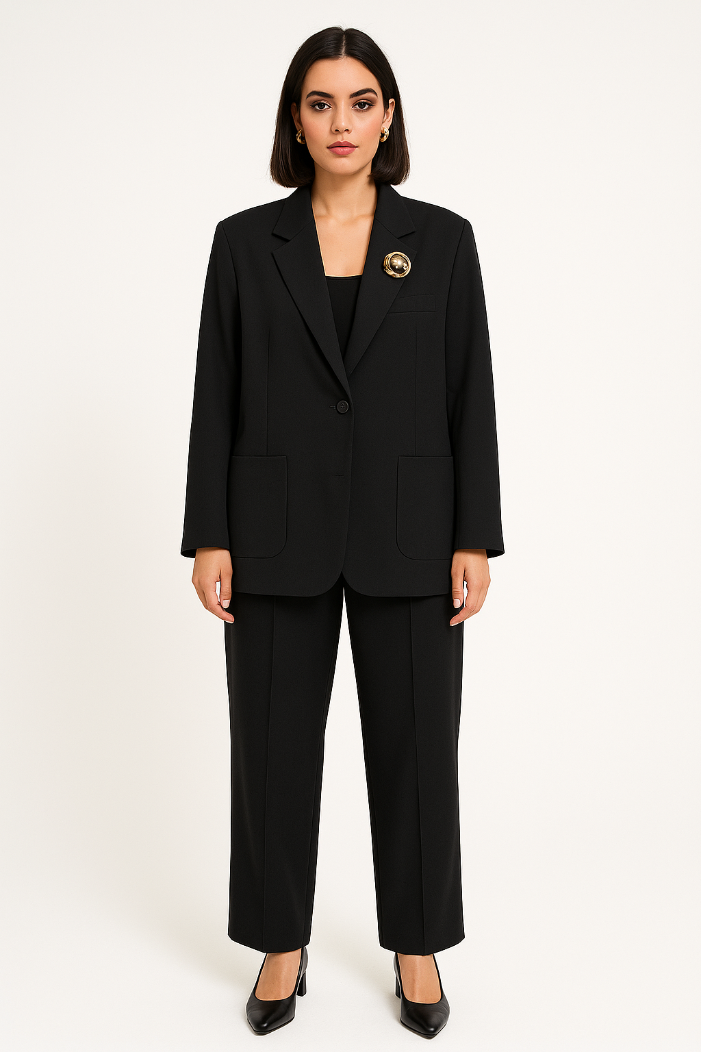 Elegantiškas juodas moteriškas kostiumėlis, sudarytas iš klasikinio švarko ir patogių kelnių su kišenėmis, rodo modelis