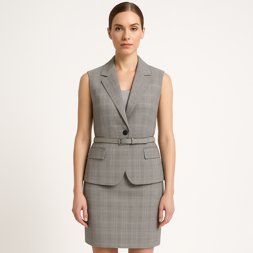 Languotas pilkas moteriškas kostiumėlis su liemene ir sijonu.