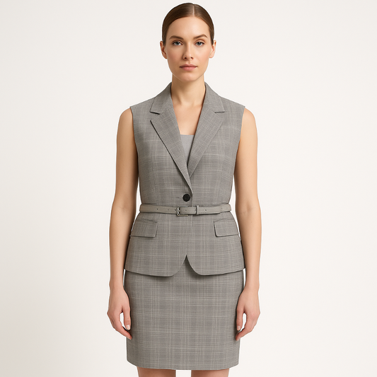 Languotas pilkas moteriškas kostiumėlis su liemene ir sijonu.