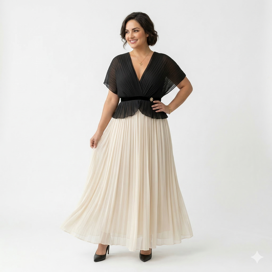 ilga proginė suknelė didesnių dydžių moterims juoda su kremine apačia