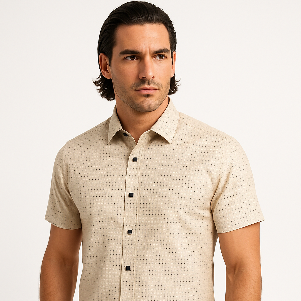 Modelis su marškiniais stovintis klasikinėje aplinkoje.