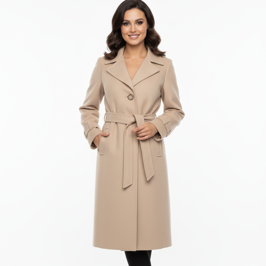 Klasikinis kreminis moteriškas paltas su diržu ir saga