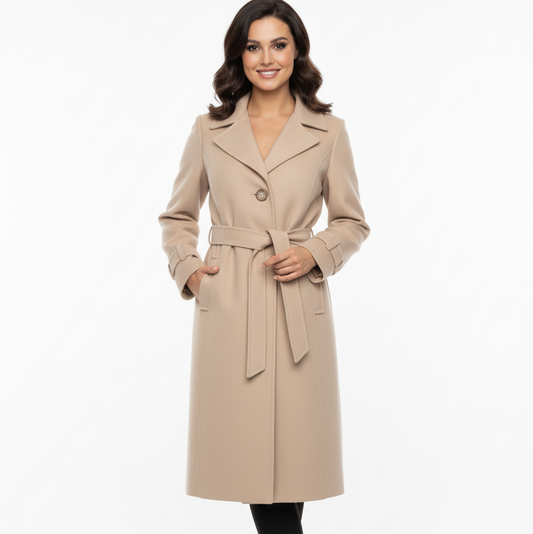 Klasikinis kreminis moteriškas paltas su diržu ir saga