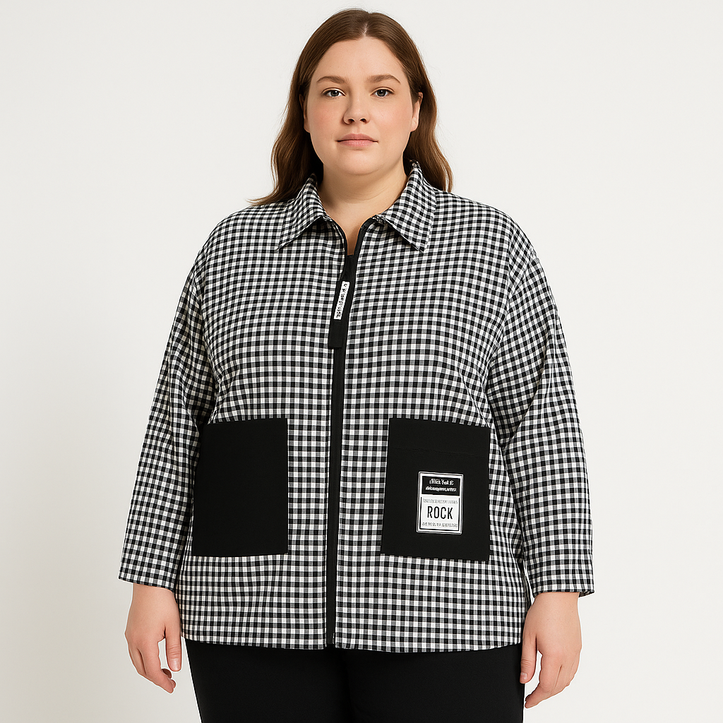  Laisvalaikio juodai balti languoti marškiniai su didelėmis juodomis kišenėmis, moteriški.