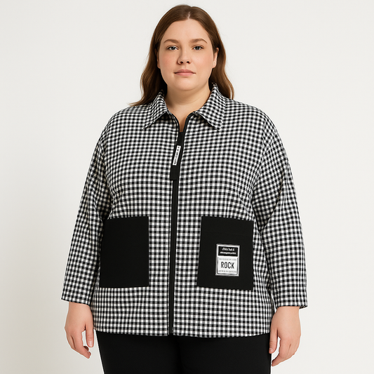  Laisvalaikio juodai balti languoti marškiniai su didelėmis juodomis kišenėmis, moteriški.