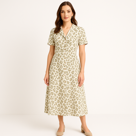 Klasikinė leopardinio rašto suknelė su sagomis ir atlapais, auskinėmis sagutėmis