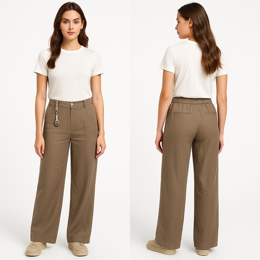 Modelis dėvi 100% lino kelnes ESPARNATO – lengvumas ir elegancija viename.

