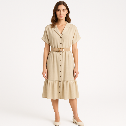 Smėlinė marškininio stiliaus suknelė su pynimo diržu, sagomis ir rauktu apsiuvimu, any modelio