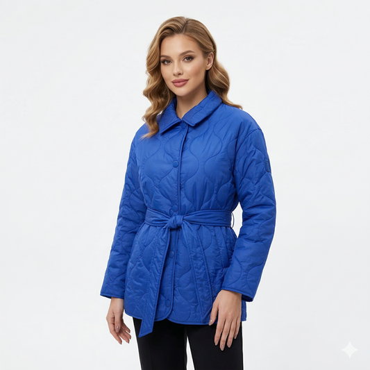 mėlyna moteriška dygsniuota striukė su diržu trumpa pavasarinė striukė