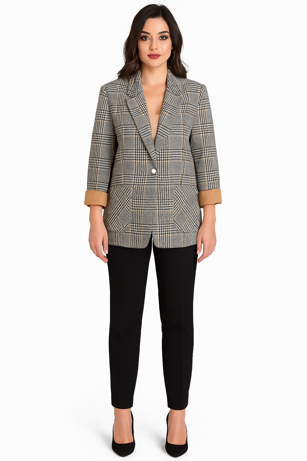 Stilingas moteriškas švarkas su medvilniniu pamušalu, universalaus rašto, rodo modelis.