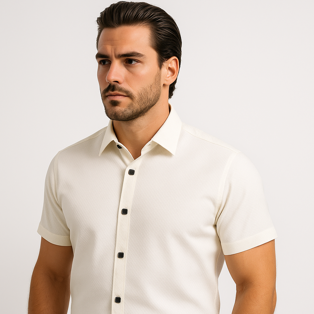 Modelis dėvi trumpomis rankovėmis baltus marškinius su tekstūra, elegantiško stiliaus aprangoje.