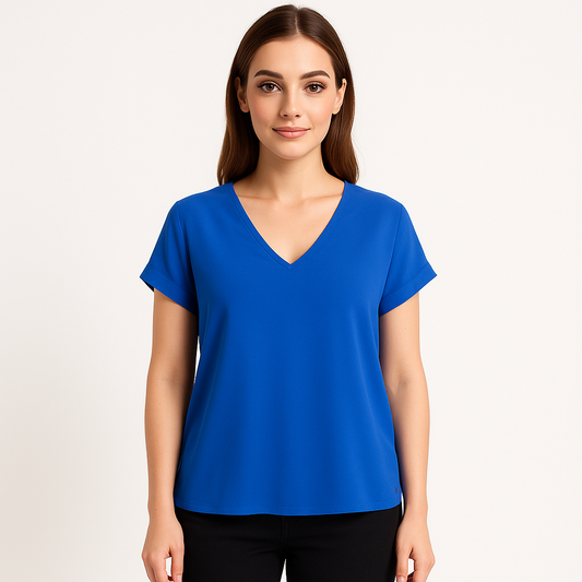 Mėlyna laisvo kritimo palaidinė trumpomis rankovėmis