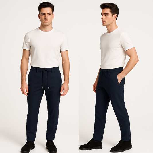 Vyriškos mėlynos tamprios kelnės su guma ir raišteliu liemenyje