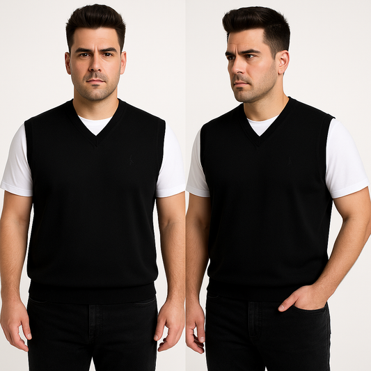 Juoda megzta vyriška liemenė, be rankovių, pagaminta iš merino vilnos mišinio