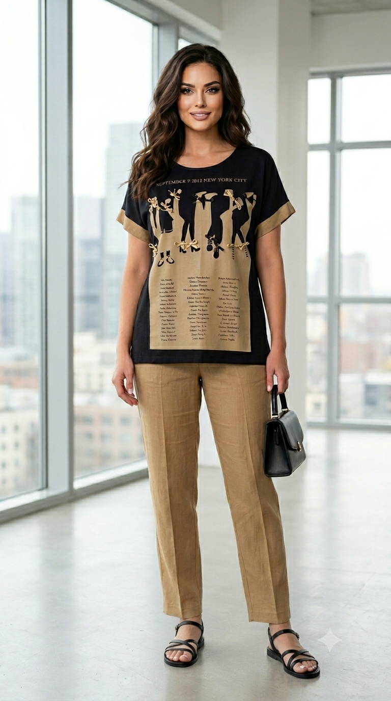 Woman wearing a black t-shirt with graphic design and beige pants in an indoor setting.
