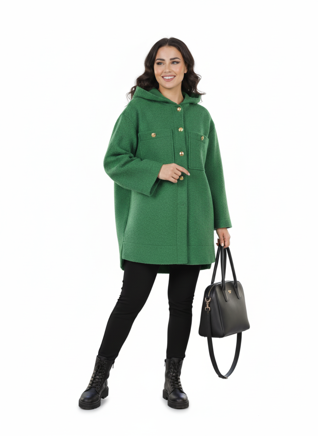 Trumpas žalias paltas su dekoratyvinėmis kišenėmis ir kapišonu, rudens–žiemos modelis