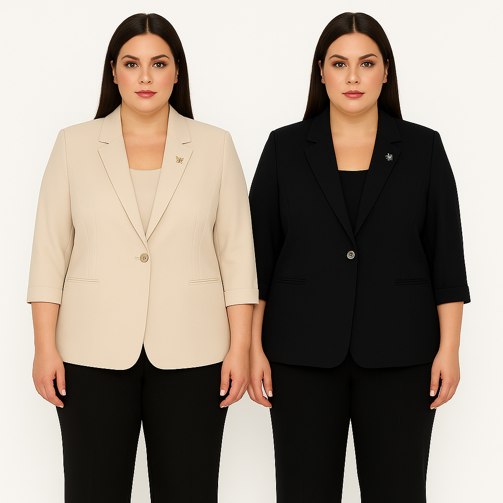 Modelis dėvi šviesiai kreminį ir juodą elegantišką švarkelį su išsegama sagėle