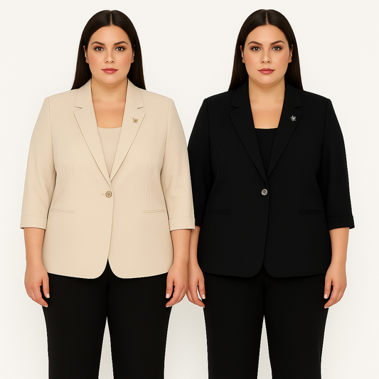 Modelis dėvi šviesiai kreminį ir juodą elegantišką švarkelį su išsegama sagėle