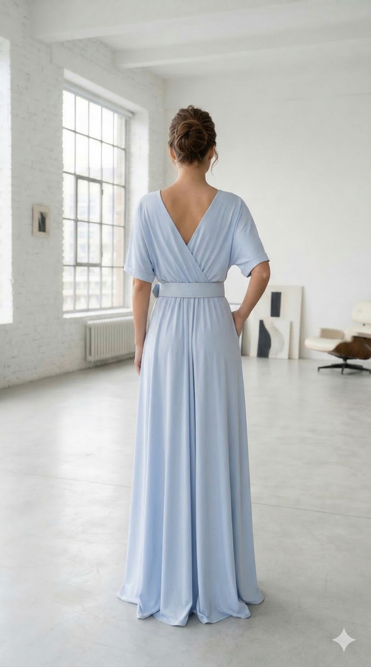 ilga šviesiai mėlyna suknelė su kišenėmis ir diržu moterims