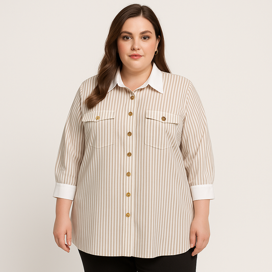 Balti marškiniai su rudomis juostomis, klasikiniai marškiniai, dideli dydžiai