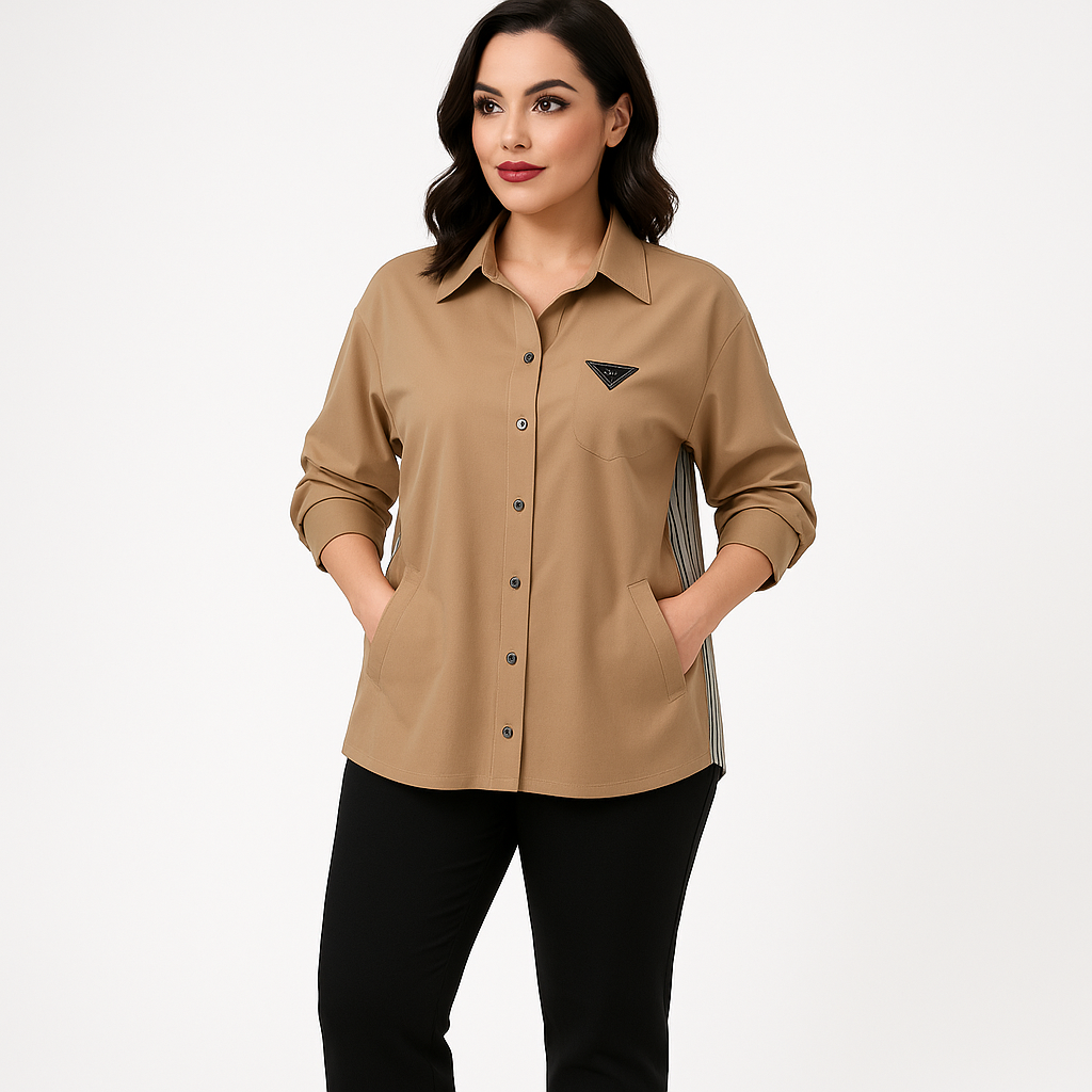 Woman wearing a beige button-up shirt with a logo on a white background