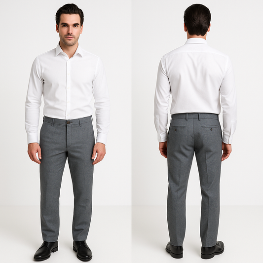 Modelis vilki klasikines vyriškas languotas pilkas kelnes, derinamas prie minimalistinio fono – elegantiškas ir subtilus įvaizdis kasdienai ar darbui