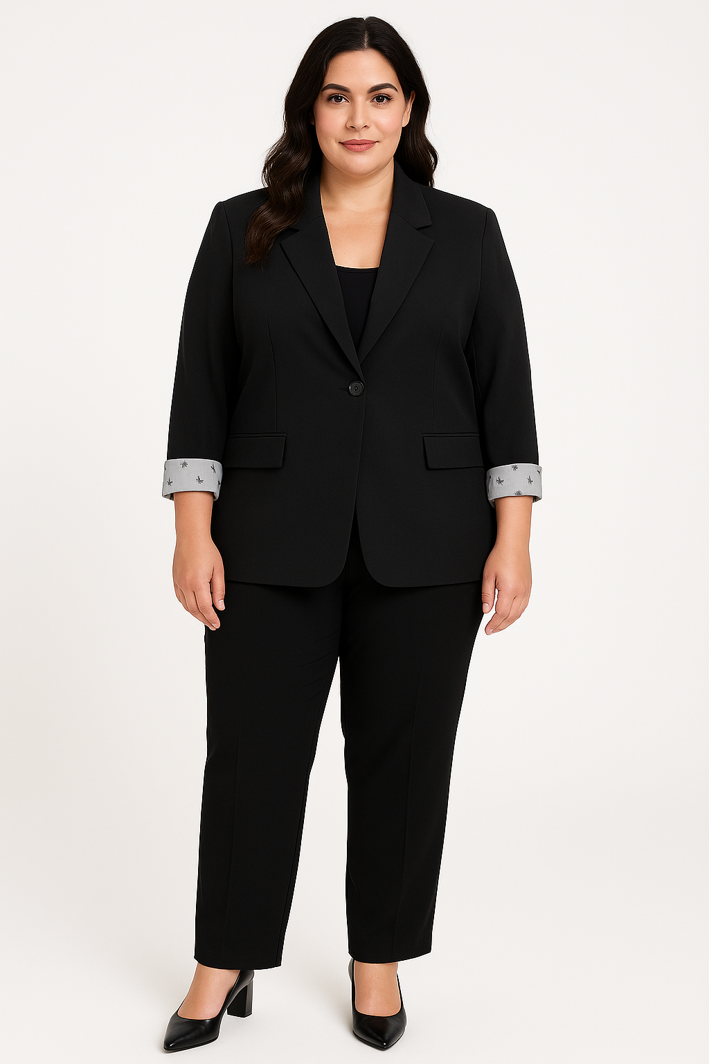 Moteriškas juodas švarkas, oversize kirpimo, rankovės dėvimos dvejopai – atlenktos arba visiškai juodos, rodo modelis.