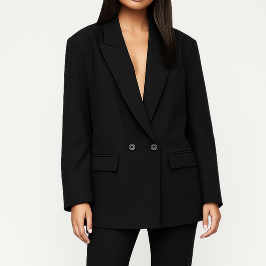 Juodas oversize tipo moteriškas švarkas su dviem sagomis ir kišenių imitacija, kabantis ant modelio