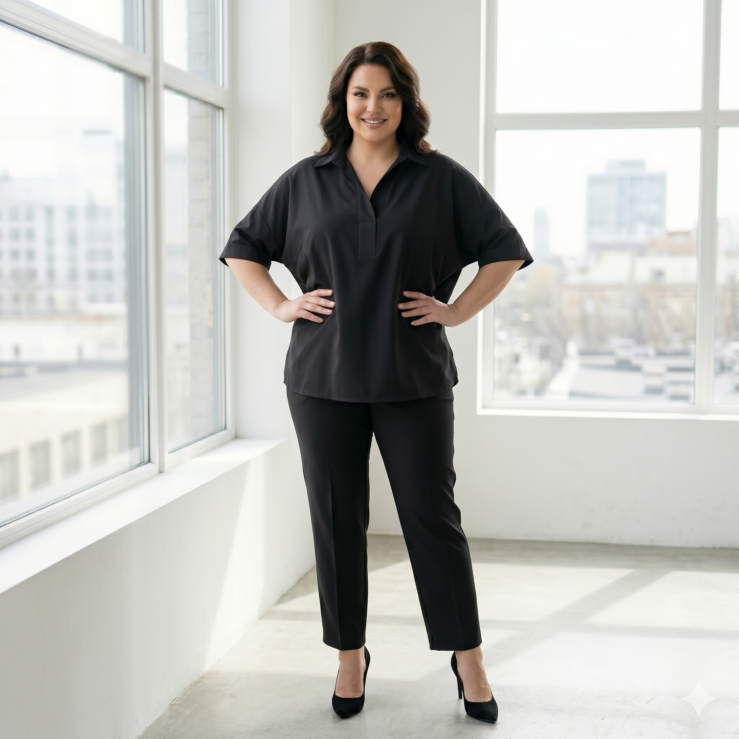 Woman in a black outfit standing in a bright room with large windows.
