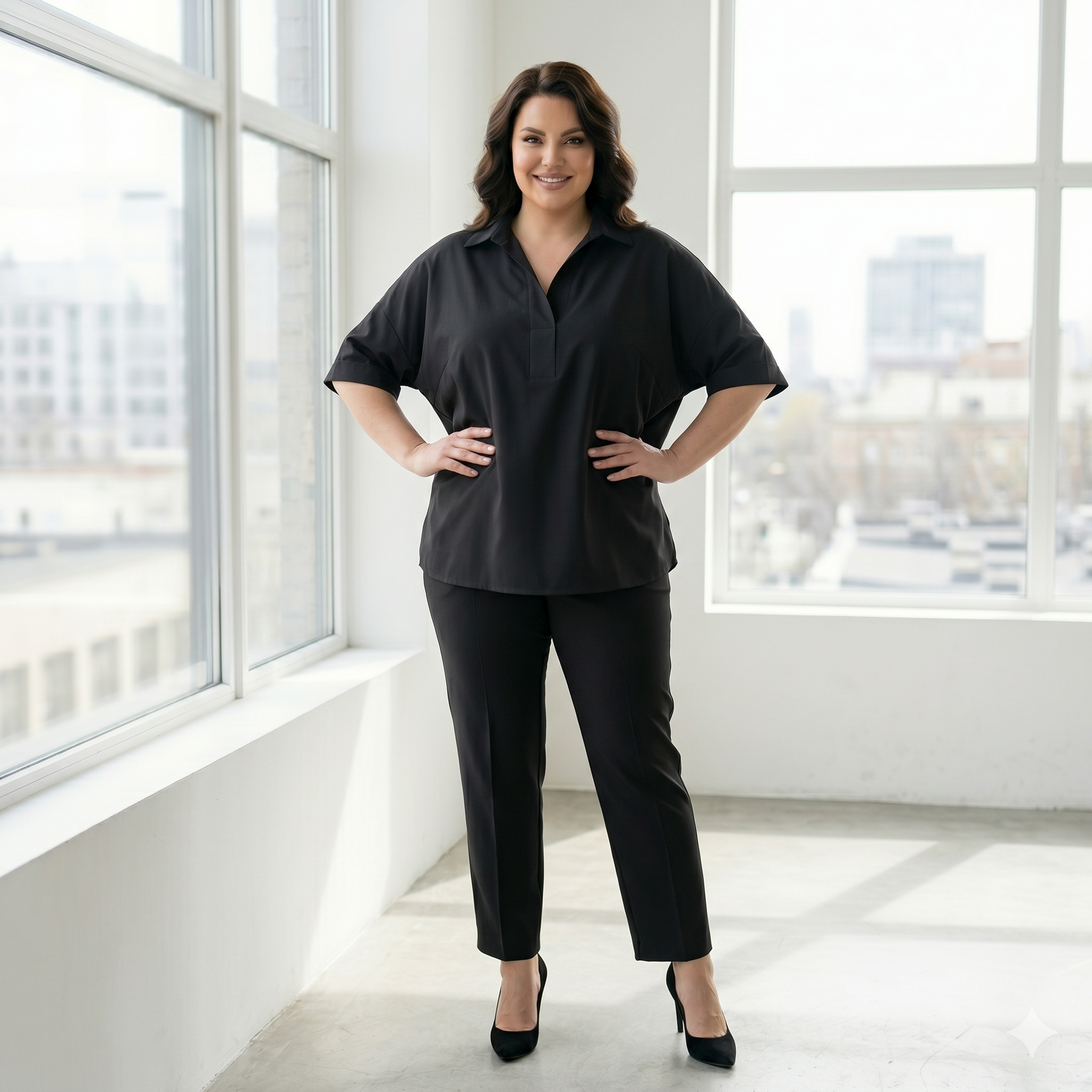 Woman in a black outfit standing in a bright room with large windows.
