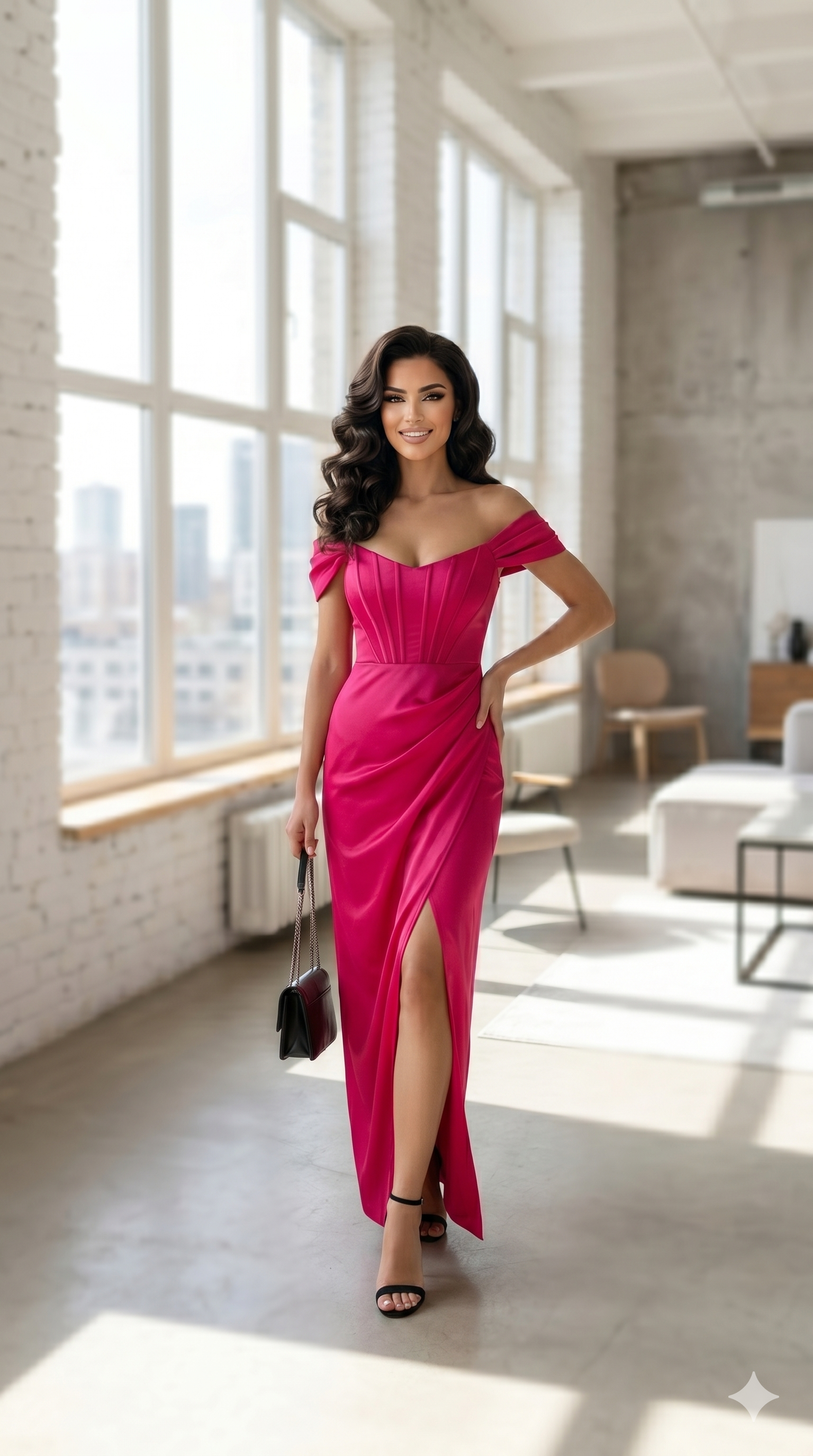 Woman in a pink off-shoulder dress standing in a modern room with large windows.