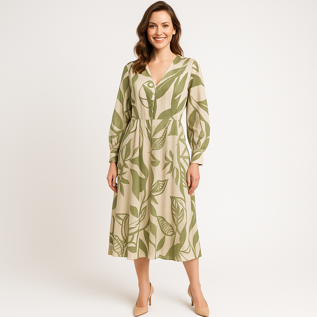 Modelis dėvi žalsvai smėlio suknelę su V formos iškirpte ir ilgomis rankovėmis, stilingas vasaros įvaizdis.