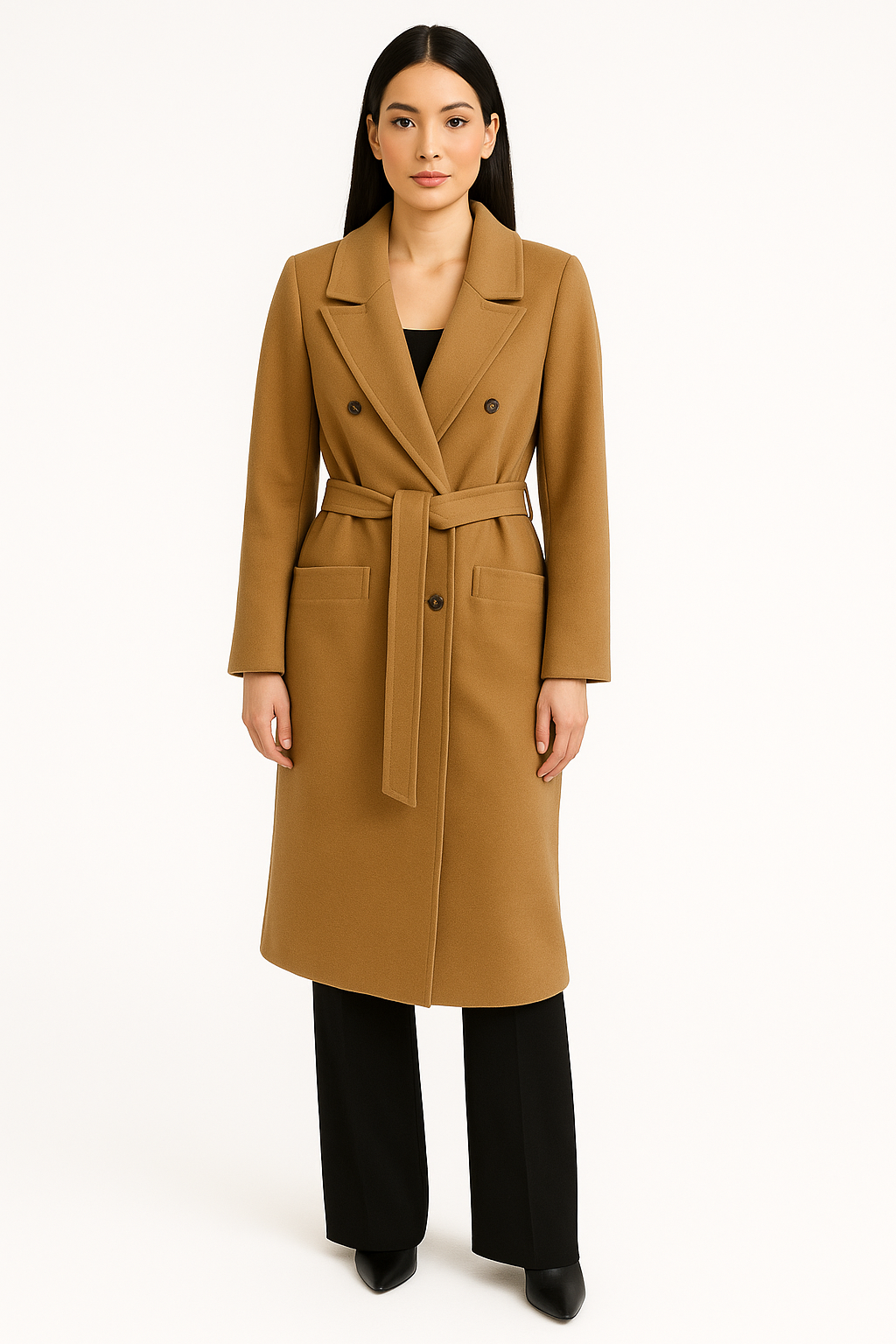 Woman wearing a tan coat with a belt on a white background