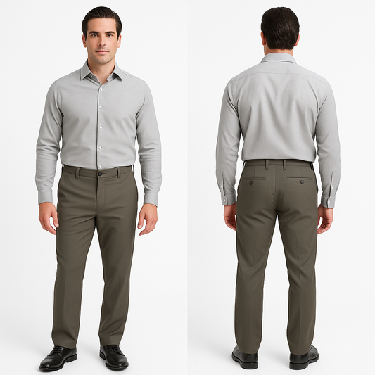 Vyriškos pilkšvai rudos „X-Foot“ kelnės ant pakabos, klasikinio kirpimo, su kišenėmis ir diržo kilpomis, tinkamos darbui ar laisvalaikiui.