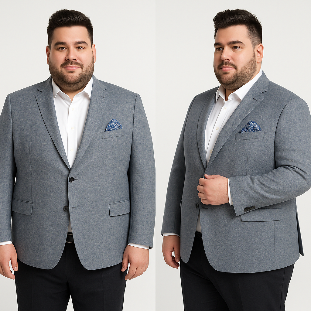 Pilkai mėlynas vyriškas švarkas dideliems dydžiams su nosinaite krūtinės kišenėje