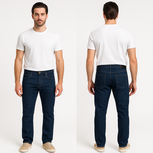 Modelis vilkintis tamsiai mėlynas X-FOOT džinso tipo kelnes, casual stiliaus aprangoje.