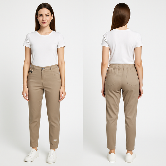 Moteriškos smėlio spalvos kelnės su dekoratyvinėmis detalėmis, dėvimos kasdieniam įvaizdžiui.