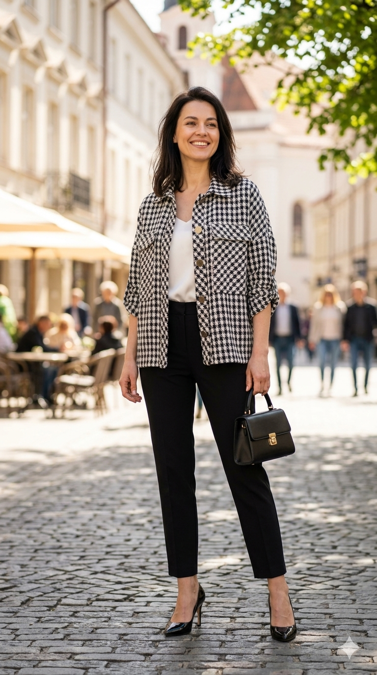 Stilingas moteriškas juodai baltas švarkelis-striukytė su sagomis ir kišenėmis